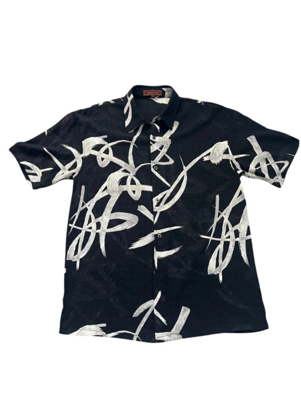 VTG Crème De Silk Men’s Black Abstract Silk Blend Short-Sleeve Button Shirt - L
